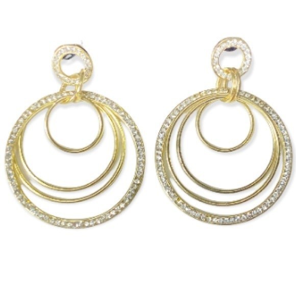 Vintage 90’s Circle Pave Drop Pierced earrings dangling multi Rings Gold plated - Picture 1 of 13